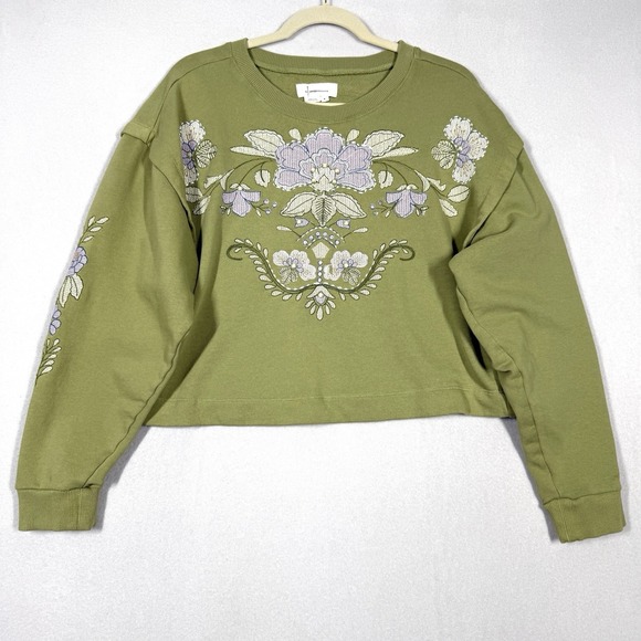 Anthropologie Tops - Anthropologie Top Womens Medium Floral Embroidered Sweatshirt Boxy Cropped Boho